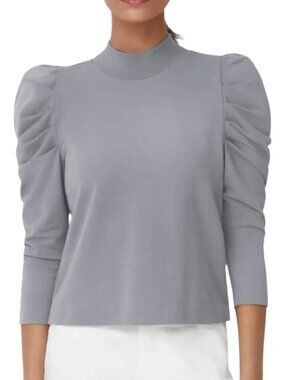 Cuyana French Terry Blouse Shirt Top Puff Sleeve Ruched Crop Gray S